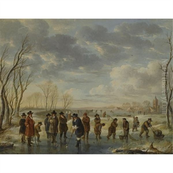 Winter Landscape With Elegant Figures Playing Kolf On A Frozen River - view 1