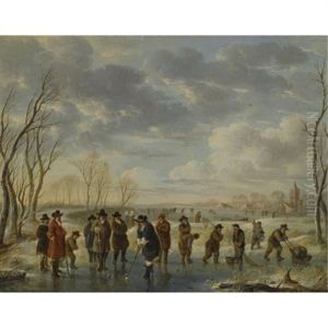 Winter Landscape With Elegant Figures Playing Kolf On A Frozen River by Aert van der Neer