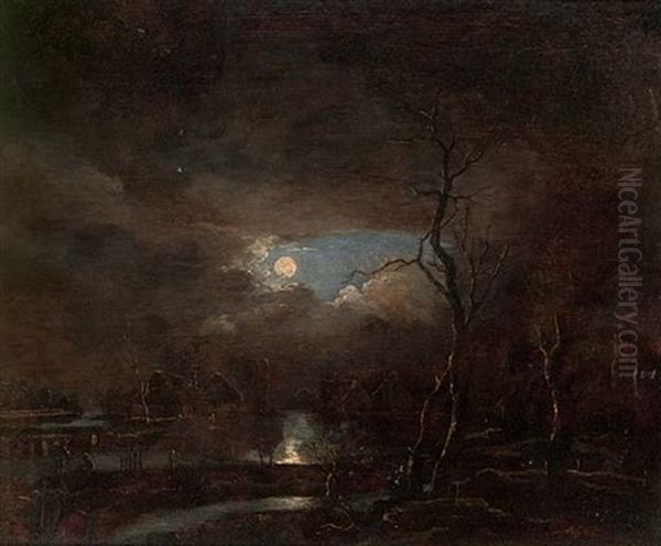 A Moonlit River Landscape, A Village Beyond - view 1