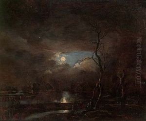 A Moonlit River Landscape, A Village Beyond by Aert van der Neer