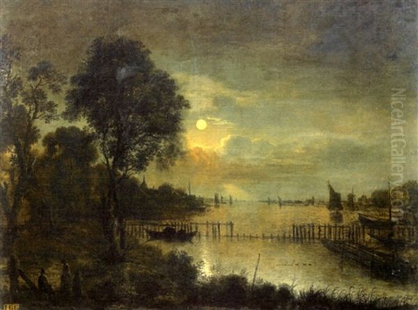 Paysage De Riviere Au Clair De Lune - view 1