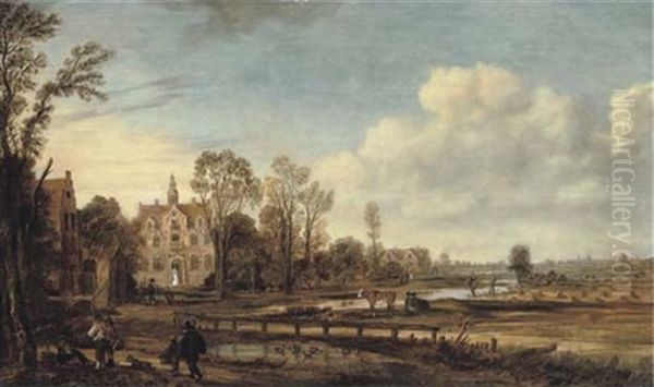 An Extensive River Landscape With Travellers Near A Mansion On A Country Path, A Village With Windmills In The Distance - view 1