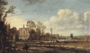 An Extensive River Landscape With Travellers Near A Mansion On A Country Path, A Village With Windmills In The Distance by Aert van der Neer