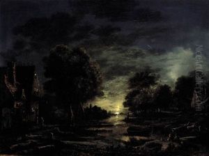 A Moonlight River Landscape With Two Men Resting On The Bank A Moonlight River Landscape With Two Men Resting On The Bank