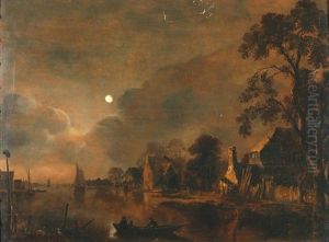 Mondbeschienene Uferlandschaft Mit Hausern Und Booten by Aert van der Neer
