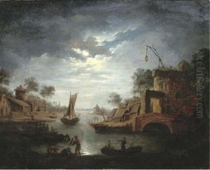 A Moonlit River Landscape With Fishermen By A Bridge by Aert van der Neer
