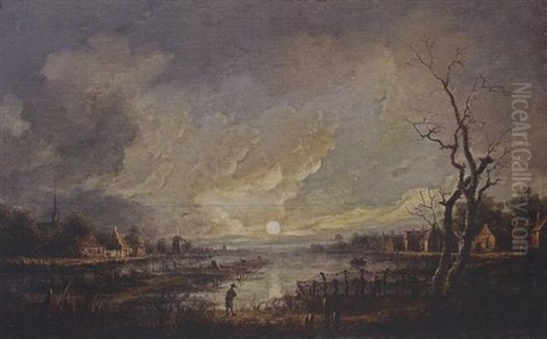A Moonlit River Landscape With A Man Leaning On A Walking Stick And Fishermen In A Rowing Boat Near A Village - view 1