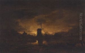 A Moonlit River Landscape With Figures In The Foreground, A Windmill Beyond