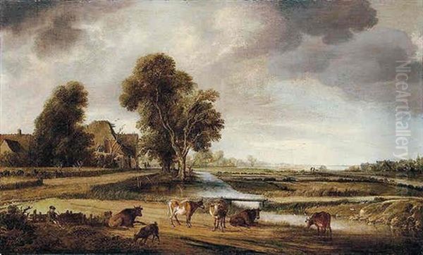 A River Landscape With A Herder Tending His Cattle Near Some Houses - view 1