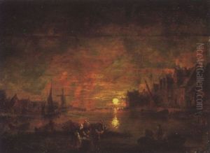 A Nocturnal River Landscape With Fisherfolk Bringing In Their Catch Of The Day