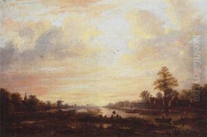An Evening River Landscape With Fishermen In The Foreground, Cottages And A Windmill Beyond by Aert van der Neer