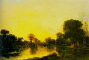A River Landscape At Dusk With Fishermen In A Boat, A Cottage On An Embankment Beyond