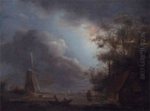A Moonlit River Landscape With A Windmill by Aert van der Neer
