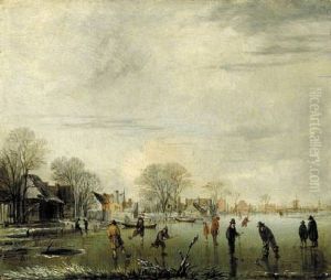 A Frozen Winter Landscape With Figures Playing Kolf, A Village Nearby by Aert van der Neer