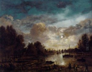 A Moonlit River Landscape With Fishermen In The Foreground by Aert van der Neer
