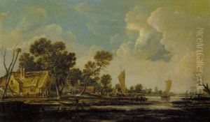 Fischerhutten An Einem Fluss by Aert van der Neer