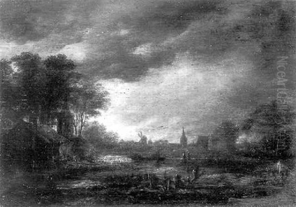 Mondbeschienene Fluslandschaft Mit Ruderer Vor Stadtsilhouette - view 1