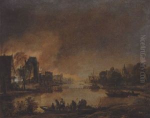 A Fire At Night In A Town by Aert van der Neer