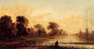 Fluslandschaft Im Abendlicht Mit Einem Angler by Aert van der Neer