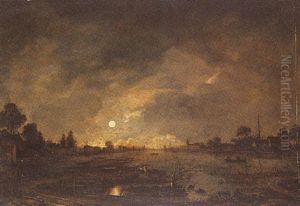 An Extensive Moonlit River Landscape Near A Village by Aert van der Neer