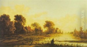Eine Flusslandschaft Im Abendlicht Mit Fischer by Aert van der Neer