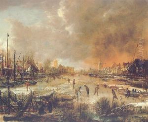 A Winter Landscape With Sportsmen On A Frozen River