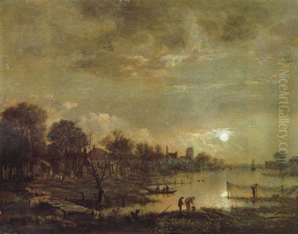 A River Landscape By Moonlight With A Fisherman Hanging His Nets In The Foreground And A Village Beyond - view 1