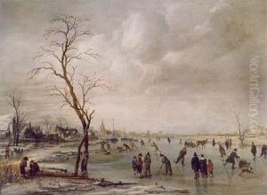 A Winter Landscape With Townsfolk Skating And Playing Kolf On A Frozen River, A Town Beyond