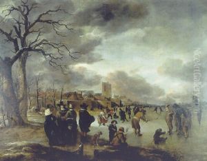 An Extensive Winter Landscape With Figures Playing Kolf On A Frozen River