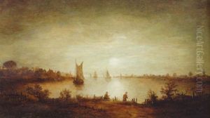 A Moonlit River Landscape With Fishermen On A Bank, A Kaag And Other Shipping Beyond by Aert van der Neer