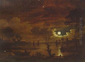 A Moonlit River Landscape With Fishermen A Moonlit River Landscape With Fishermen