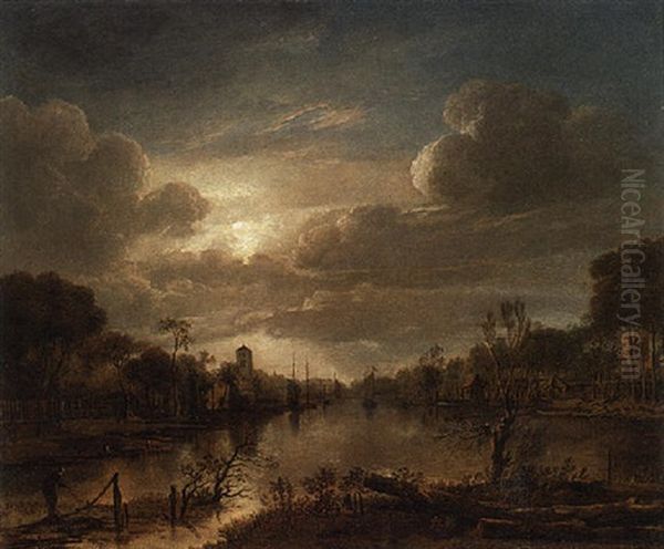 A Moonlit River Landscape With A Fisherman Tending The Nets In The Foreground - view 1