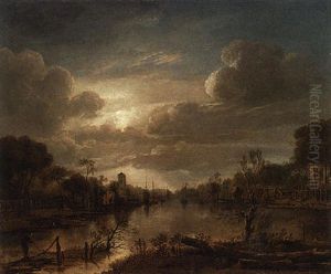 A Moonlit River Landscape With A Fisherman Tending The Nets In The Foreground