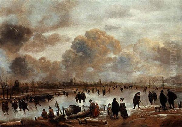 A Winter Landscape With Skaters And Townsfolk On A Frozen Waterway - view 1