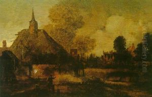 A Moonlit Scene With A Figure Setting Fire To A Building On The Outskirts Of A City