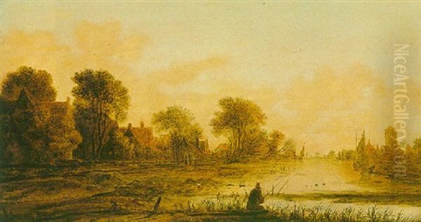 A River Landscape At Dusk With A Fisherman And A Town Beyond - view 1