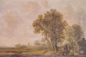 A Wooded Landscape With Villagers Outside A Country Inn, A River Meadow And A Church In The Distance Beyond A Wooded Landscape With Villagers Outside A Country Inn, A River Meadow And A Church In The Distance Beyond