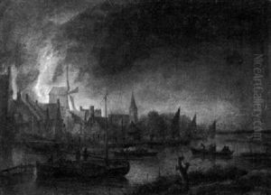 Blick Auf Ein Brennendes Dorf Am Kanal Bei Nacht by Aert van der Neer