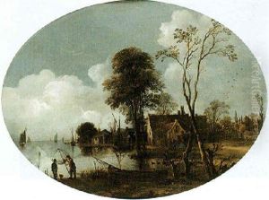 River Landscape, With Fisherman In The Foreground, Boats Sailing On The Estuary Beyond by Aert van der Neer