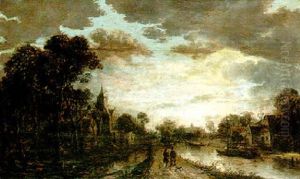 A Moonlit River Scene With Figures Walking Along A Causeway, A Church Beyond by Aert van der Neer