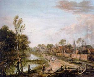 A River Landscape With Peasants On A Path By A Canal, A Town Beyond A River Landscape With Peasants On A Path By A Canal, A Town Beyond