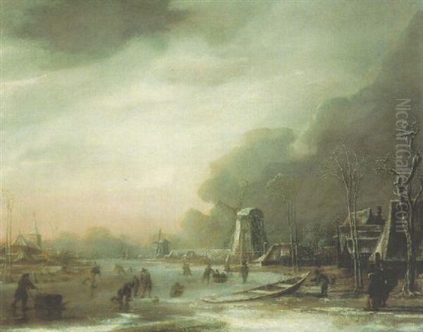 A Winter Landscape With Skaters And Kolf Players, A Church And Windmills Beyond - view 1