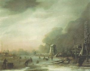 A Winter Landscape With Skaters And Kolf Players, A Church And Windmills Beyond