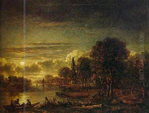 Moonlit Landscape With Figures Boating On An Estuary