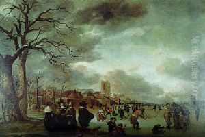 An Extensive Winter Landscape With Figures Playing Kolf On A Frozen River by Aert van der Neer