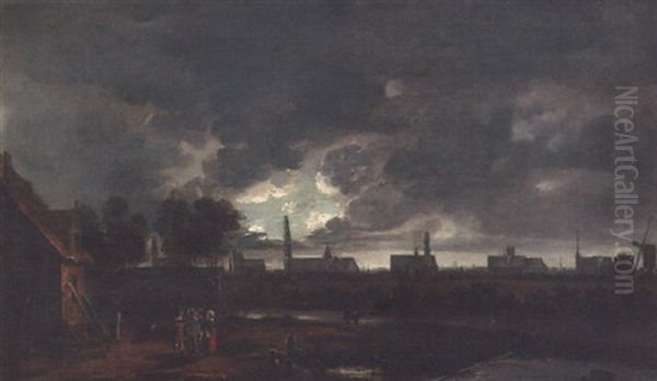 A Dutch City, Possibly Delft, By Moonlight - view 1