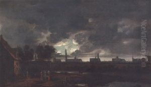 A Dutch City, Possibly Delft, By Moonlight by Aert van der Neer