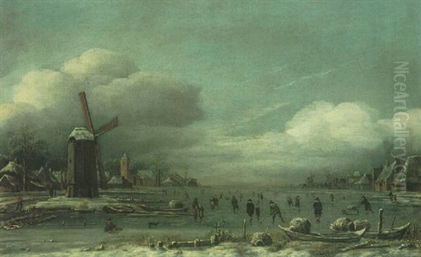 A Winter Townscape With A Windmill And Figures Skating On A Frozen River - view 1