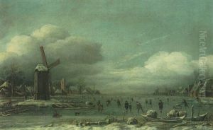 A Winter Townscape With A Windmill And Figures Skating On A Frozen River