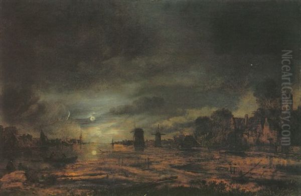 River Landscape By Moonlight With Windmills And A Town In The Distance And Fishermen In The Foreground - view 1